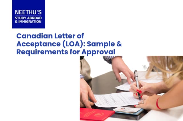 Canadian Letter of Acceptance sample showing DLI number, program details, tuition fees, and study permit requirements.