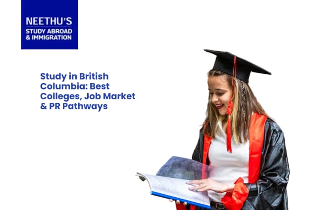 International students studying in British Columbia campus with Vancouver city skyline in the background.