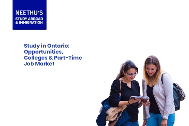 International students studying at an Ontario college campus with Toronto city skyline in the background.