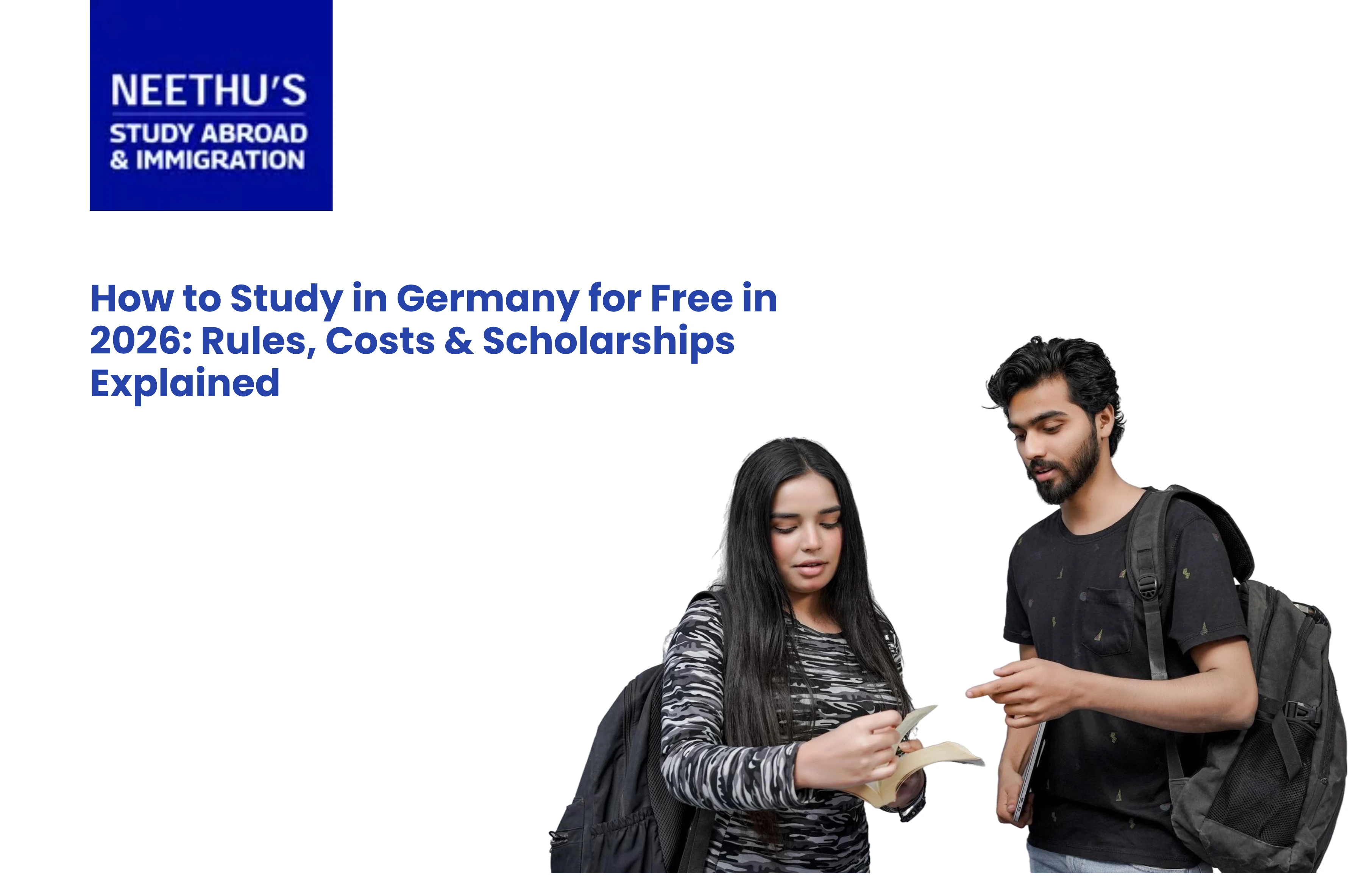 International student studying in Germany for free 2026 at a public university campus with books and laptop.