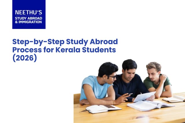 Study abroad process step by step showing course selection, IELTS preparation, university application, and student visa process