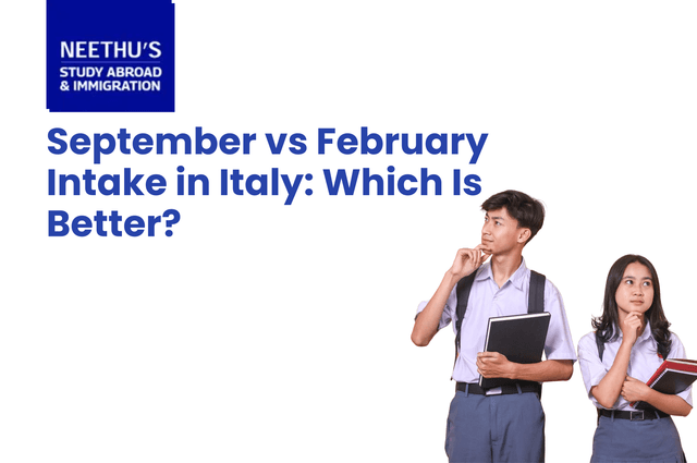 Infographic comparing September and February intake in Italy, highlighting admissions, scholarships, deadlines, visa process, and course availability for international students.