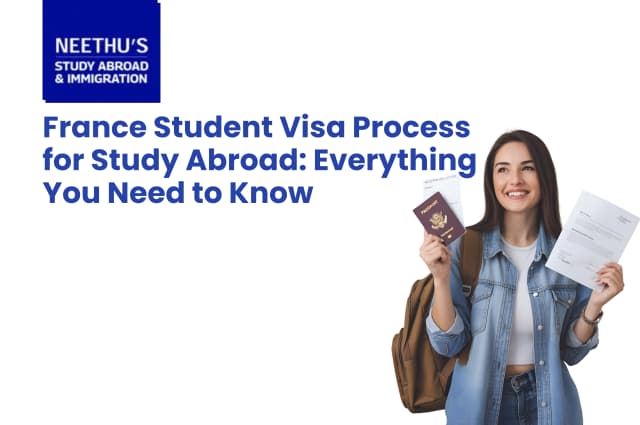 Indian student holding a passport and France student visa approval with the Eiffel Tower and a French university campus in the background, representing the study abroad application process.