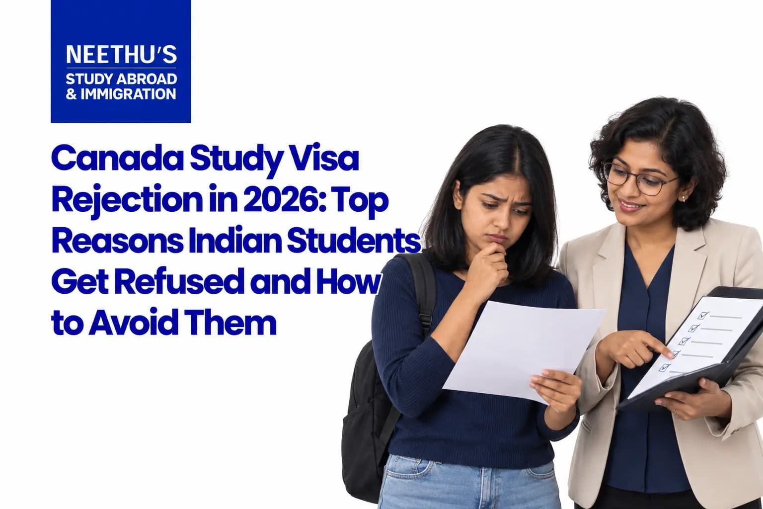 Concerned Indian student discussing a Canadian study visa rejection with an education adviser.