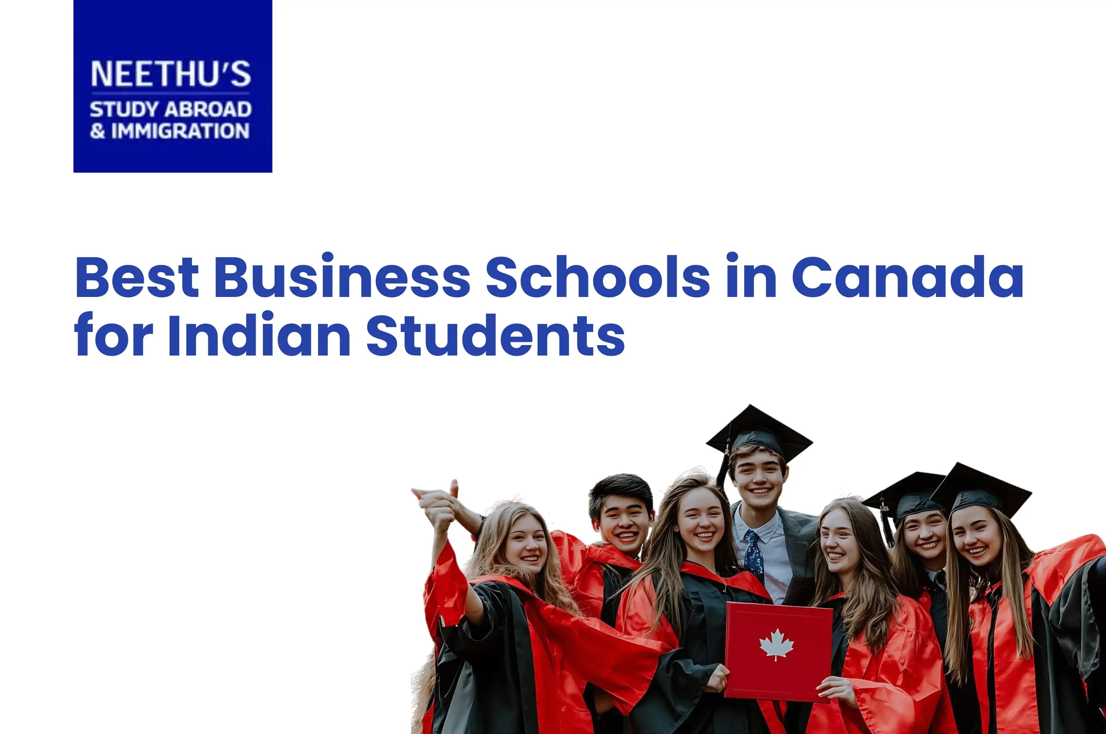 Modern Canadian university campus building with students walking outside in winter, featuring a business school sign