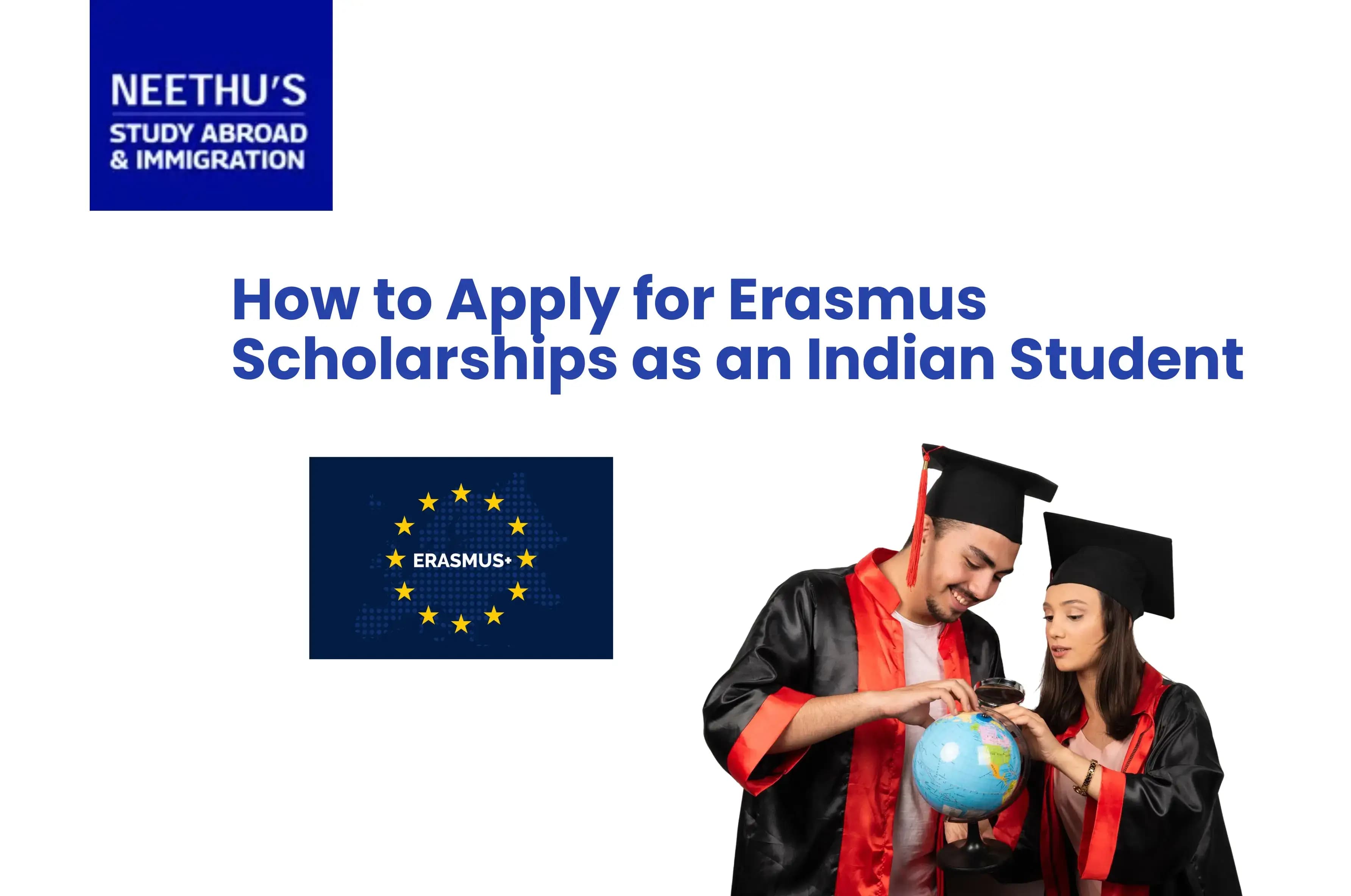 Indian student studying with a laptop in a European university library with Erasmus+ banner in the background