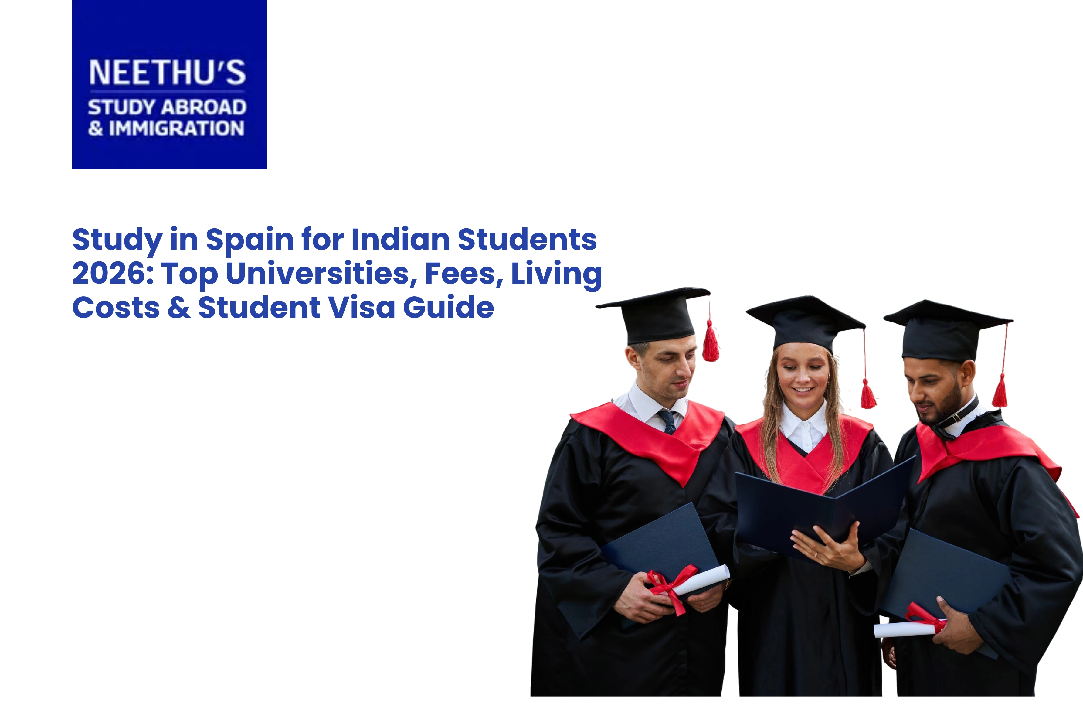 Indian student planning to study in Spain with university brochures, passport, visa documents, and laptop showing Spanish universities.