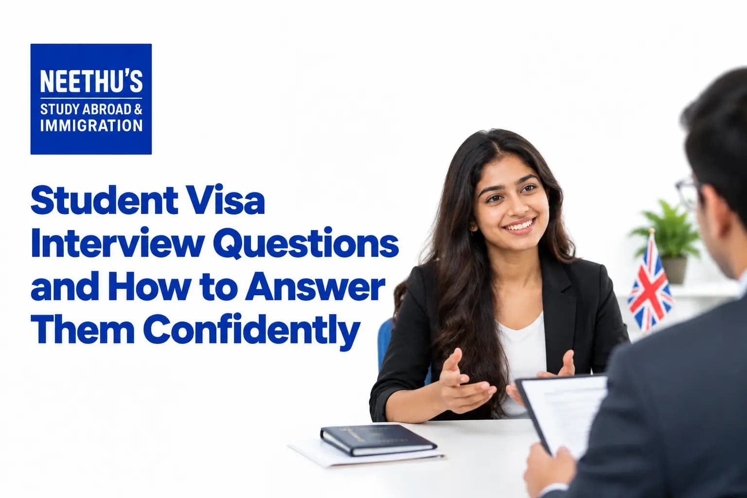 Student confidently attending a visa interview for studying abroad.